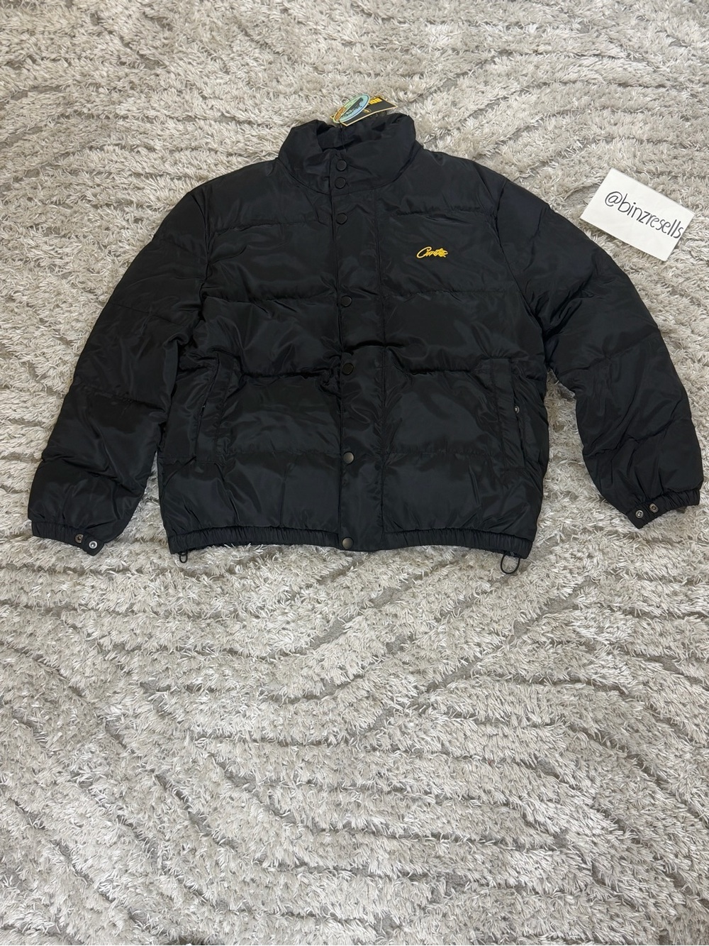 Men's Black Puffer Bomber Jacket with Yellow Script Logo